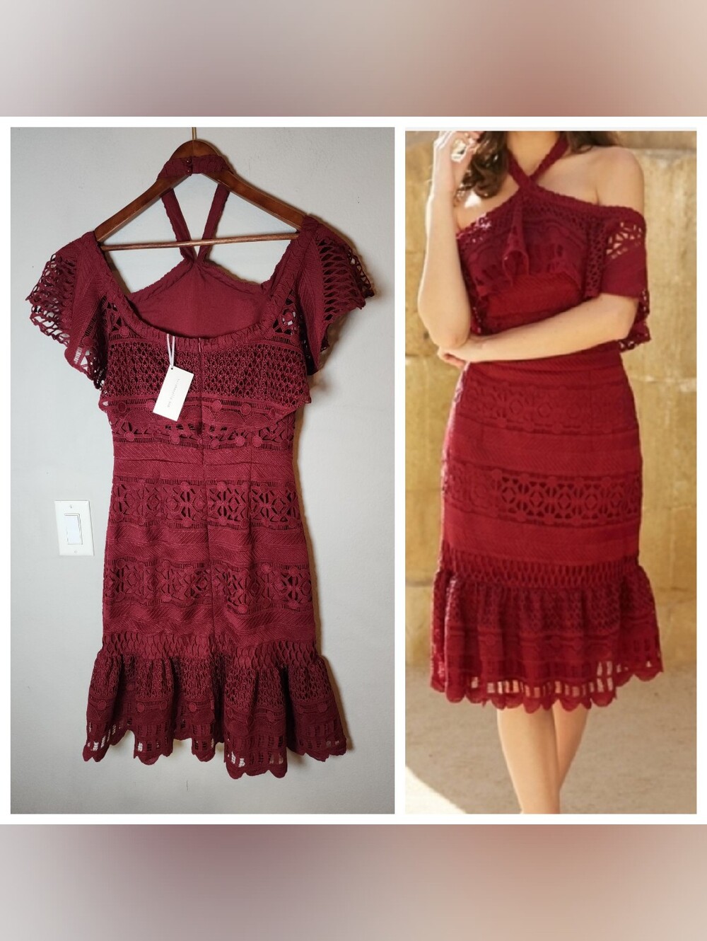 NWT Trish Scully Crochet Lace Off Shoulder Dress Burgundy Maroon Size 6